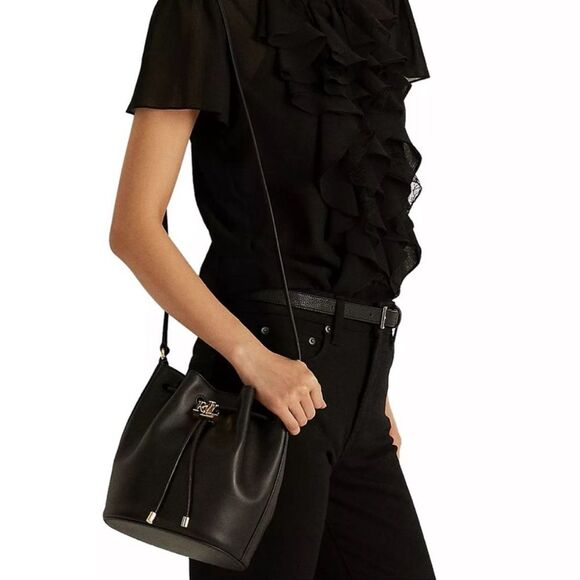 Lauren Ralph Lauren Black Smooth Leather Medium Andie Drawstring Bag, New w/Tag - Picture 14 of 15